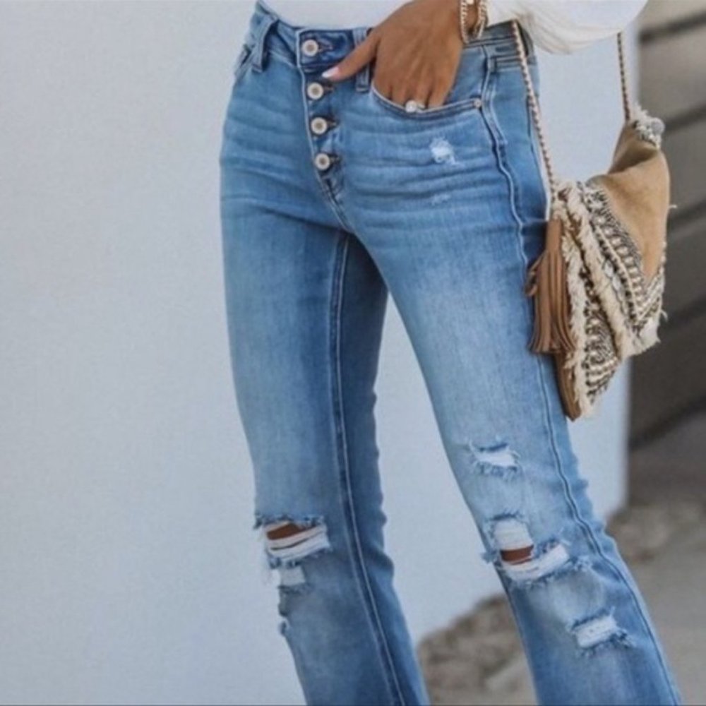New KanCan Distressed Button Fly Flare Leg Jeans Bell Bottoms - Picture 8 of 16